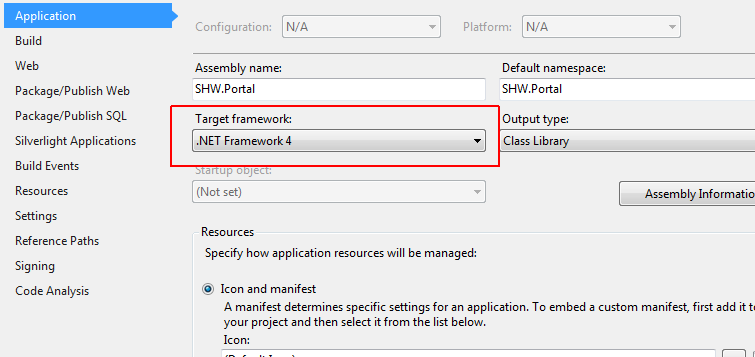 Target framework Visual Studio 2012 project